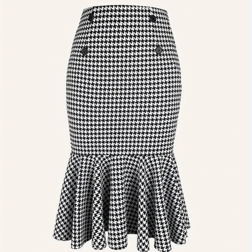 Elegant Mermaid Hem Houndstooth Skirt (Color: Black and White)